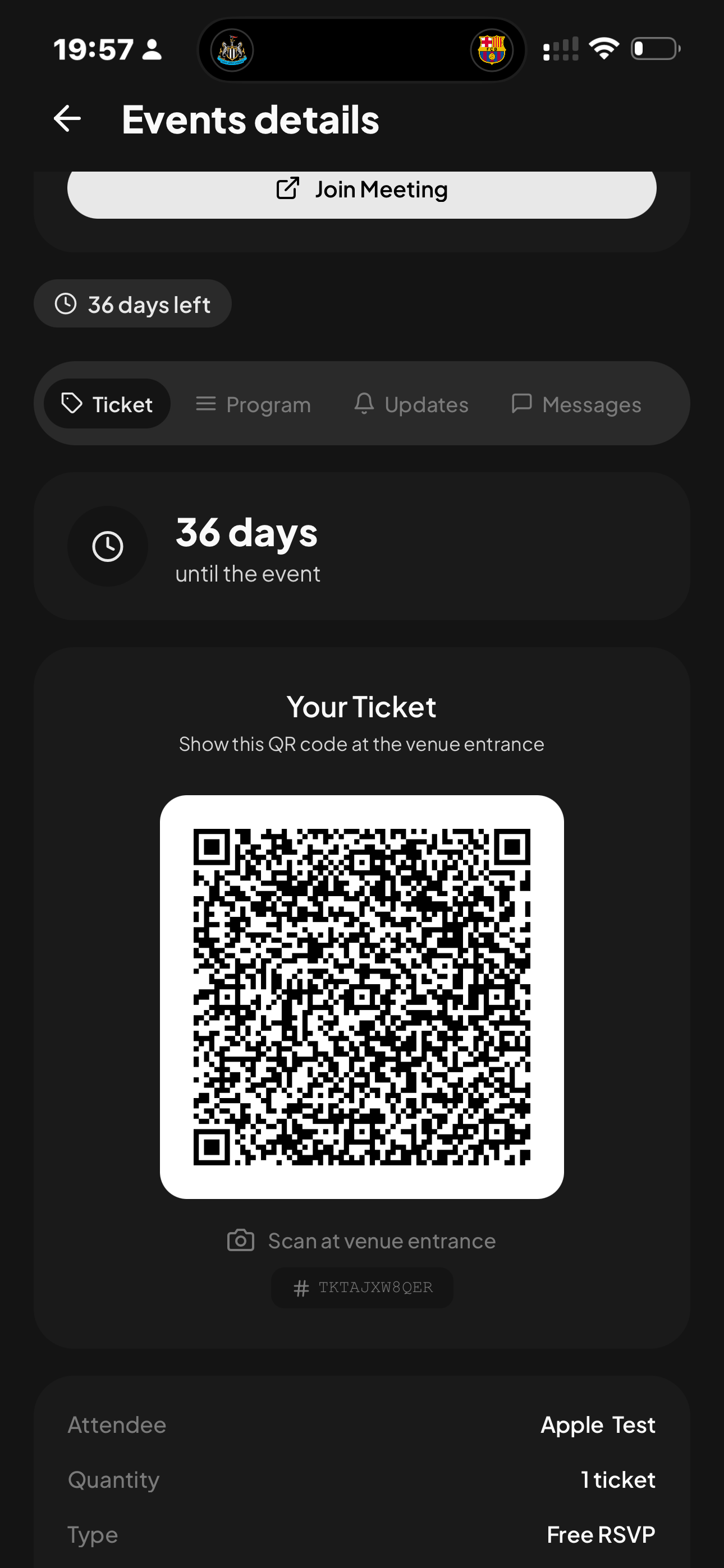 Tikiti mobile app QR ticket screen